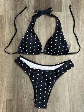 Black White Polka Dot Halter Triangle Bikini Set High Cut Thong Bottoms Size M